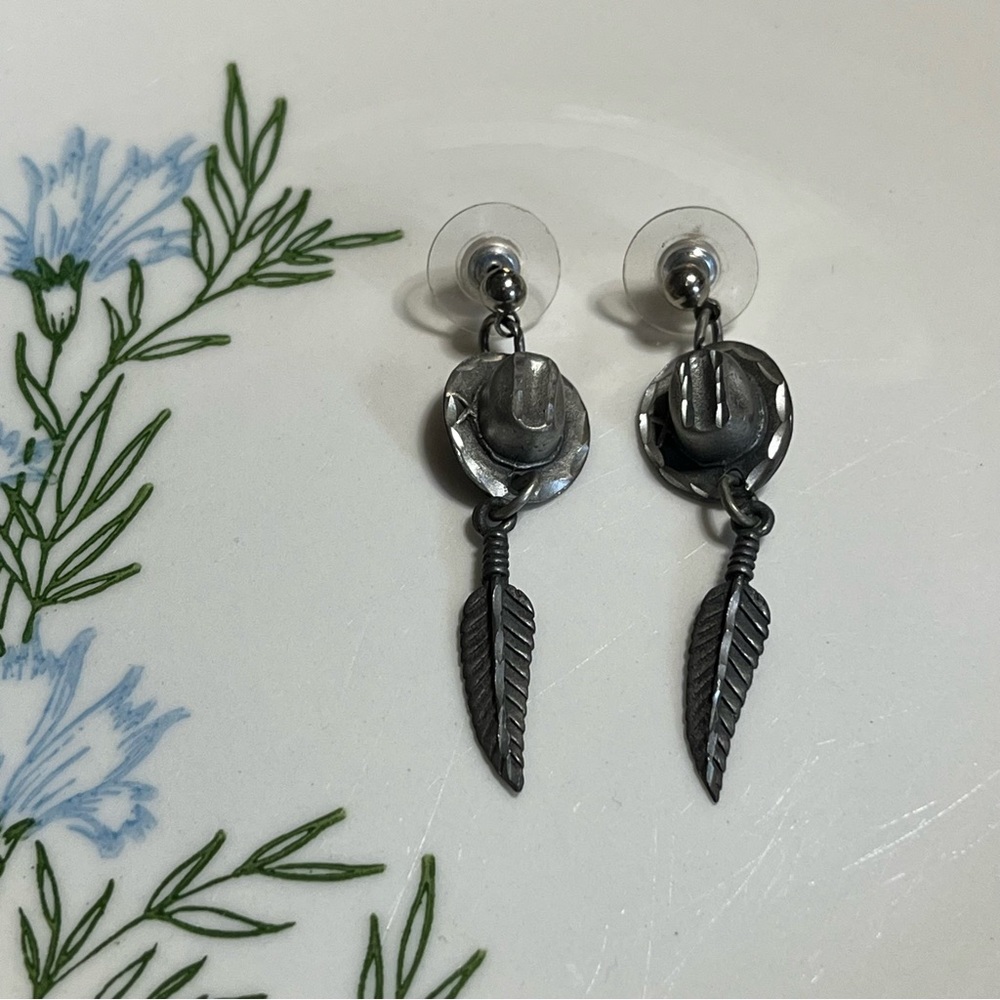 Silver Western Cowboy Hat and Feather Charm Earrings